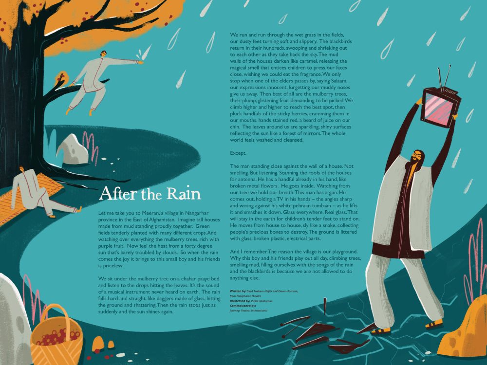 The image shows a poster with the words After the Rain on it and illustrations of a man, in one area he is holding a tv in the rain, in another area he is climbing a tree and in another area taking a rest, all in the rain. There is a lot of text in the story on the image which can be accessed in the Word document link too.