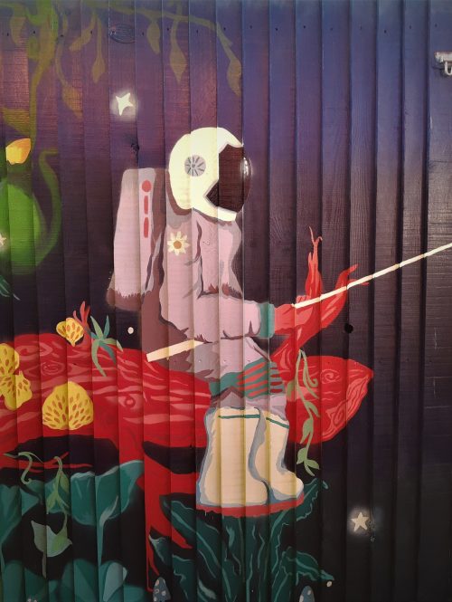 This image shows an outdoor painting by Laura Parker at The Tree in Leicester. The painting is on a wooden fence and it features an astronaut, sitting on a red plant in space, holding a fishing rod, at the end of the fishing line is a white star.