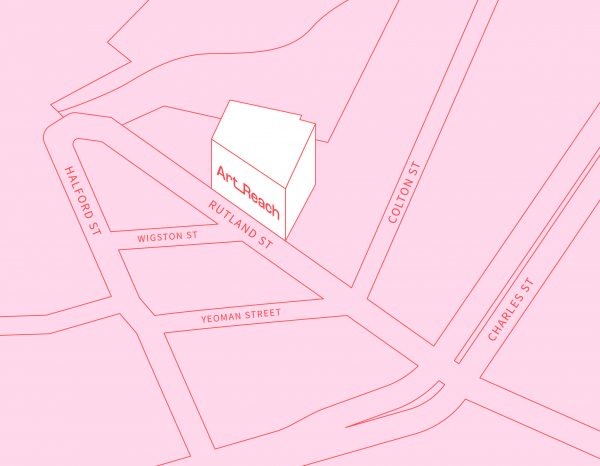 Map of Leicester's Cultural Quarter in blush pink, with Art Reach singled out