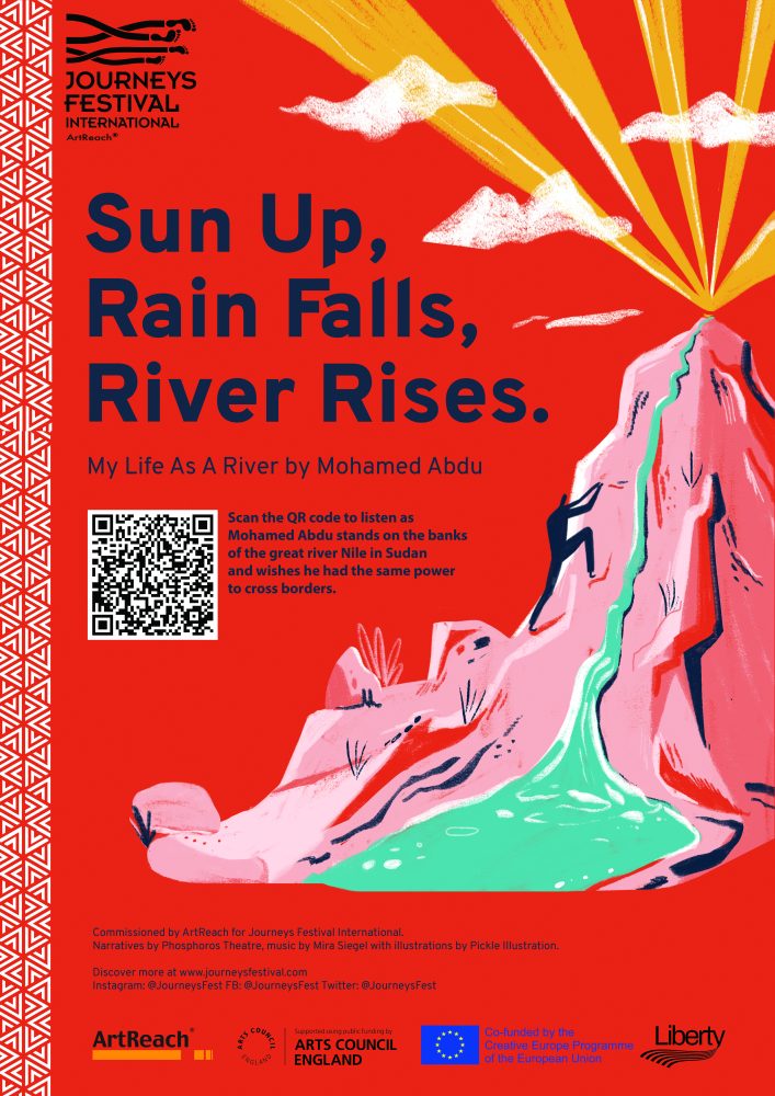 The image shows a poster with the words Sun Up, Rain Falls, River Rises on it. The poster was shared at selected locations and a QR code to on the poster linked to hidden content.