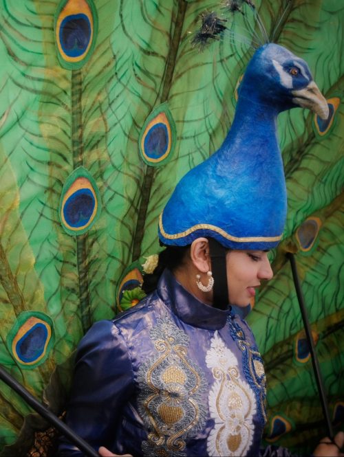 A performer wearing a Peacock-costume.