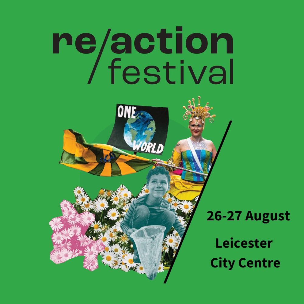 This image shows a logo for the Re/action Festival. It has some dates on it and a collage of a carnival dancer, some flowers and a young boy with a butterfly net.