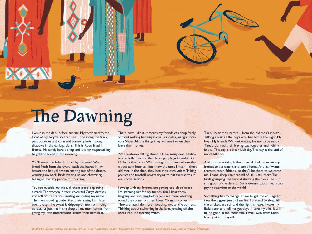 The image shows a poster with the words The Dawning on it and illustrations of people in a village feeding birds, nearby is a bicycle on the floor and a young boy seems to be running away from the women in the village. There is a lot of text in the story on the image which can be accessed in the Word document link too.