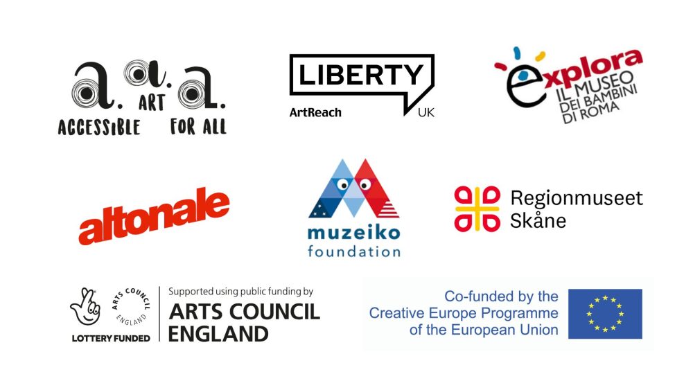Logos of Accessible Art for All, Liberty UK Festival, Explora, Altonale, Muzeiko Foundation, Regionmuseet Skane, Arts Council England and Co-Funded by the Creative Europe Programme of the European Union.