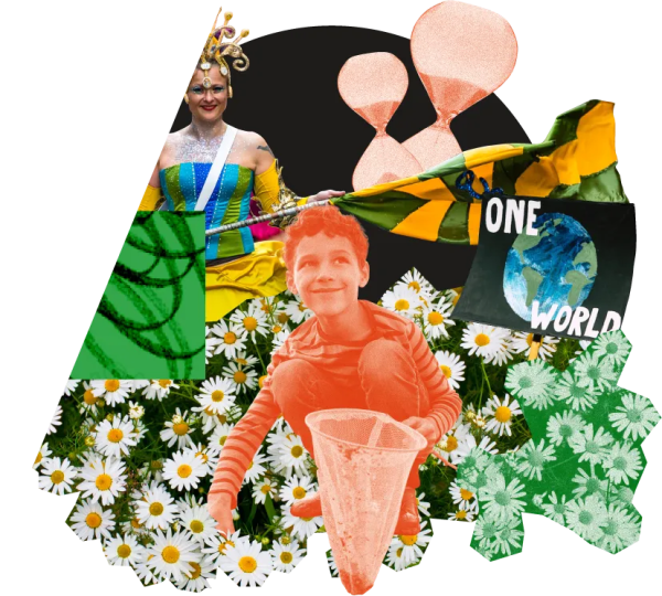 This image is a collage of a carnival dancer, some flowers and a young boy with a butterfly net.