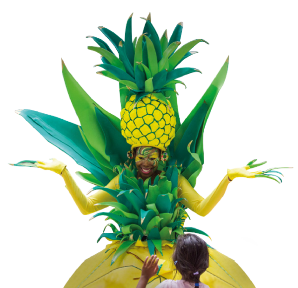 A lady dressed in a carnival costume with a small child.