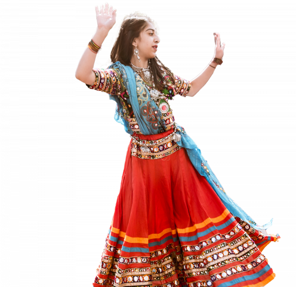 A cut-out image of a young dancer in a colourful traditional Asian dress.