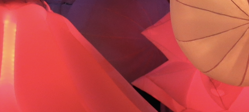 A zoomed in image of inflated costumes in red , purple and orange.