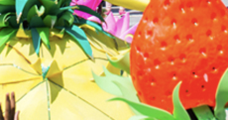 A zoomed in picture of a pineapple and strawberry costume.