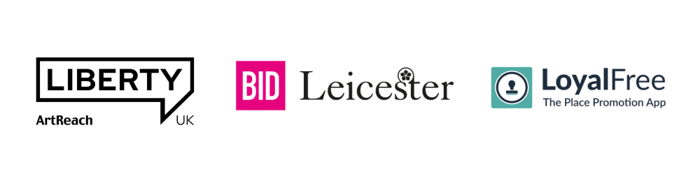 Logos of Liberty UK Festival, BID Leicester, LoyalFree The Place Promotion App.